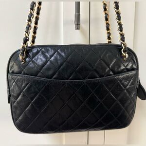 CHANEL Vintage Black Quilted Lambskin Leather Camera Bag -Gold Burgundy Shoulder